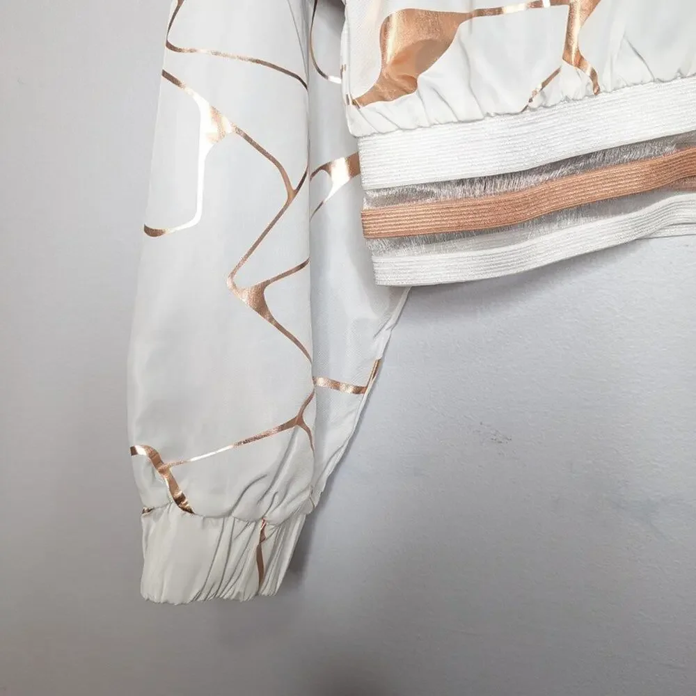 Lime & Vine White Rose Gold Swirl Pattern Cropped Jacket Long Sleeve Zip Up M - Picture 11 of 12